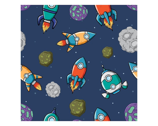 nave espacial e objeto espacial em padrão sem costura com vetor de estilo desenhado à mão colorido