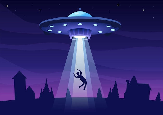 Nave espacial voadora com disco voador sobre o céu da cidade abduz humanos ou animais em ilustração