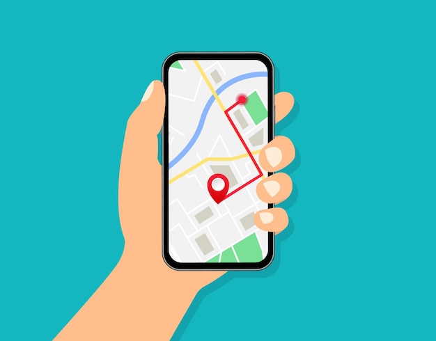 Navegação GPS móvel Mão segurando smartphone com mapa e marcador da cidade