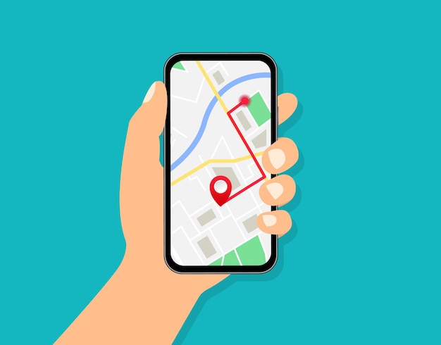 Navegação gps móvel mão segurando smartphone com mapa e marcador da cidade