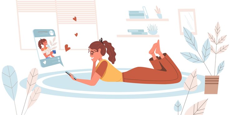 Vetor navegue pelo conceito de pessoas da rede social em design moderno e plano. mulher olha e gosta de fotos, usa smartphone deitada no chão. cena de pessoa de comunicação online. ilustração vetorial para banner da web