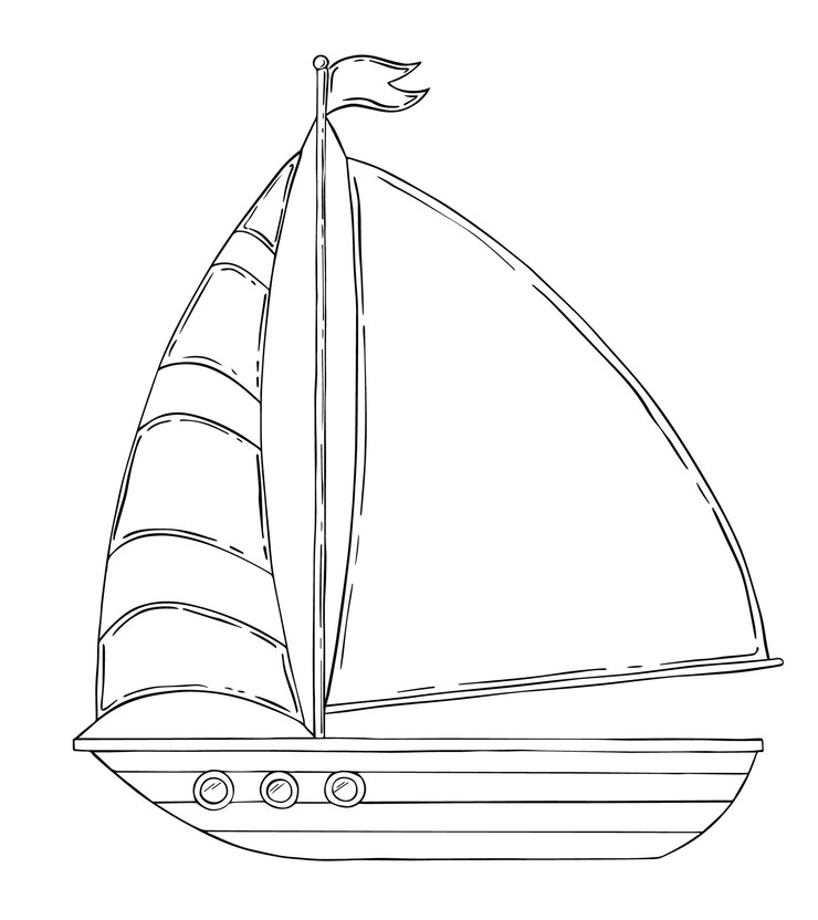 Vetor navio com velas e bandeira doodle linear
