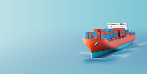 Navio de carga branco com contêineres no oceano marinho 3D Imagem realista para internacional marítimo Vector