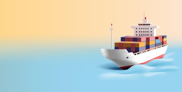Navio de carga branco com contêineres no oceano marinho 3D Imagem realista para internacional marítimo Vector