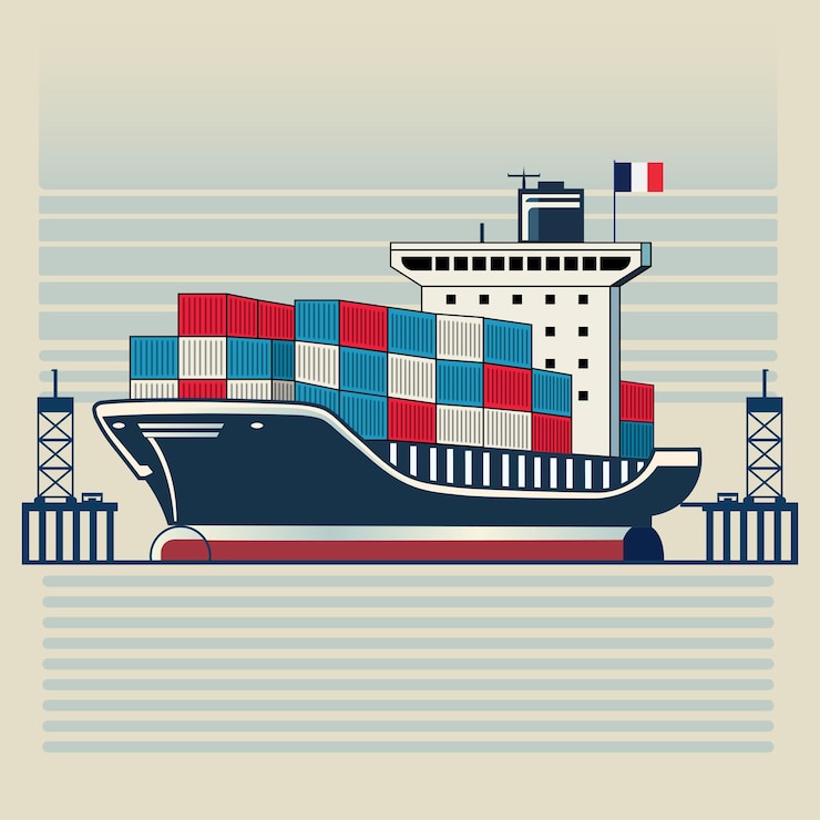 Vetor navio de carga de cor patriótica francesa com contêineres no porto