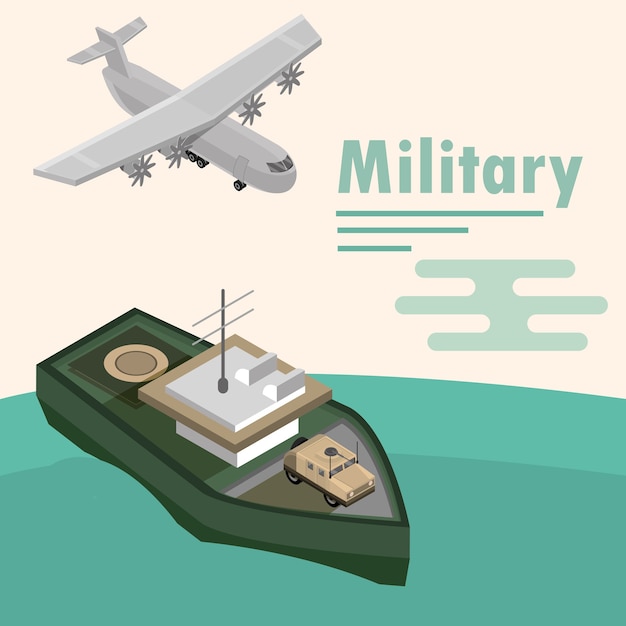 Navio de guerra militar com ilustração de design de veículo e avião