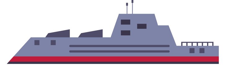 Vetor navio de guerra moderno a navegar na água com tecnologia de furtividade, armamento avançado e um design aerodinâmico que representa o poder naval e a defesa marítima