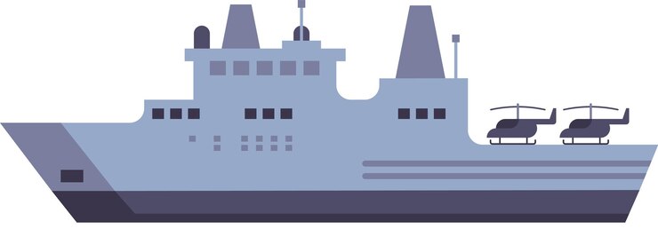 Vetor navio de guerra moderno carregando dois helicópteros representa o poder naval e a prontidão militar com um design plano elegante e minimalista que enfatiza a força e a segurança