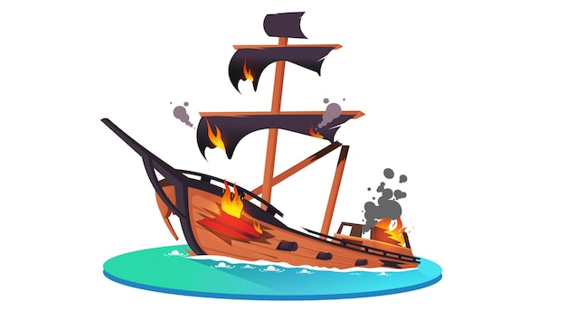 Navio de madeira em chamas afundando no oceano com ilustração vetorial de fumaça e fogo