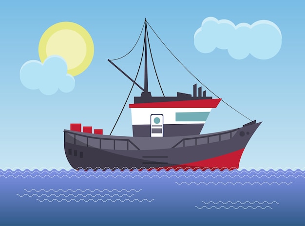 Navio de pesca no mar ilustração vetorial