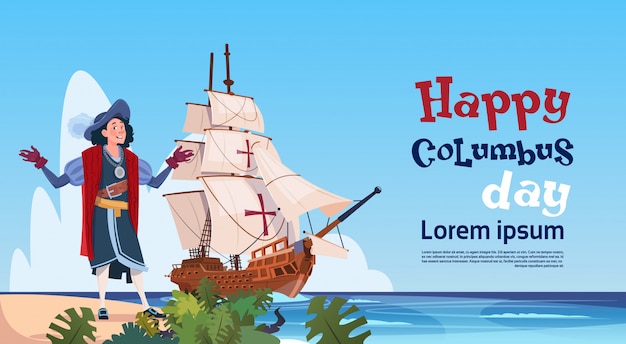 Navio feliz de columbus day no oceano no cartaz do cartão comemorativo