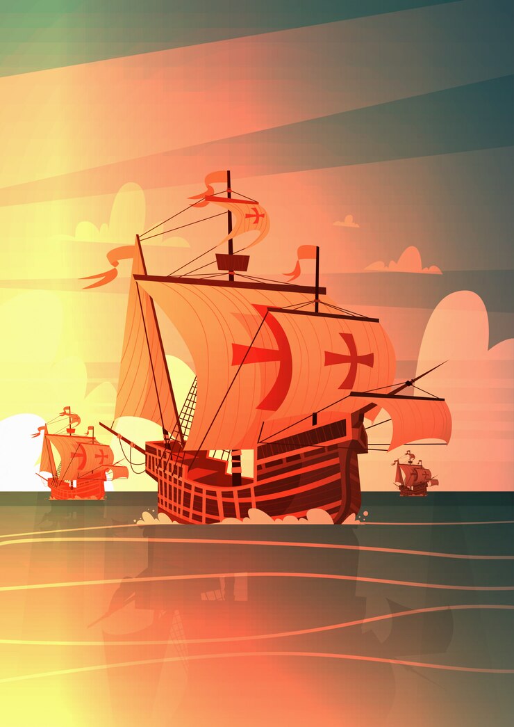 Vetor navio no mar no pôr do sol feliz columbus day national usa conceito de férias