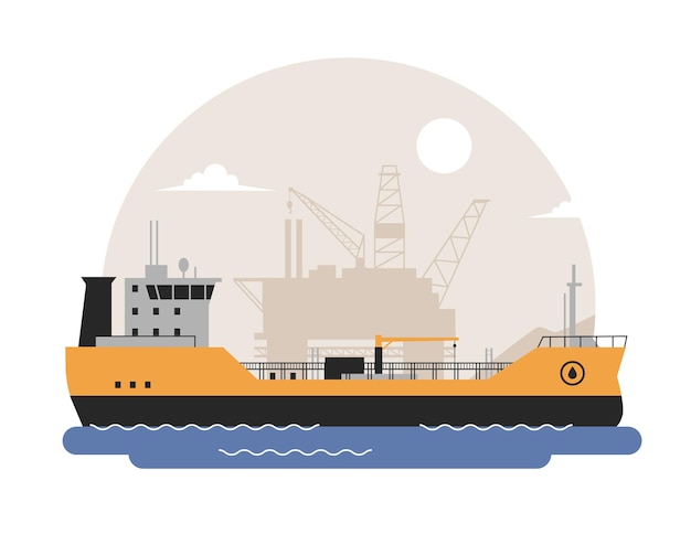 Navio petroleiro em ilustração oceânica Conceito da indústria de petróleo e gás