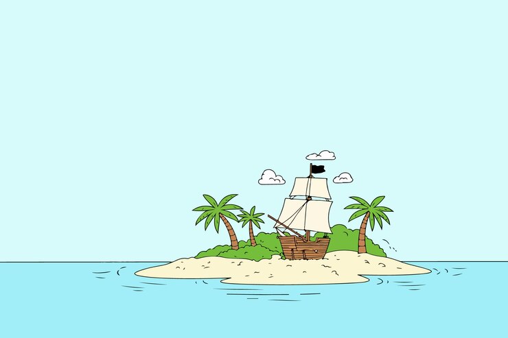 Vetor navio pirata em uma ilha tropical