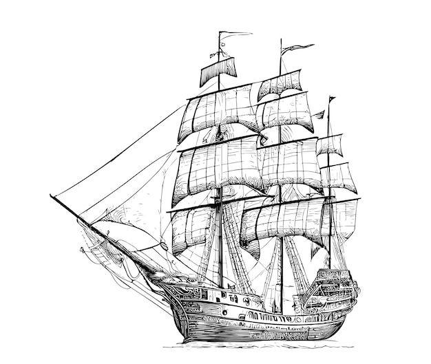 Navio pirata veleiro esboço retrô desenhado à mão estilo de gravura ilustração vetorial