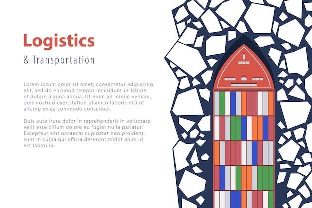 Navio porta-contêineres carregando carga quebrando gelo Ilustração vetorial logística de transporte internacional