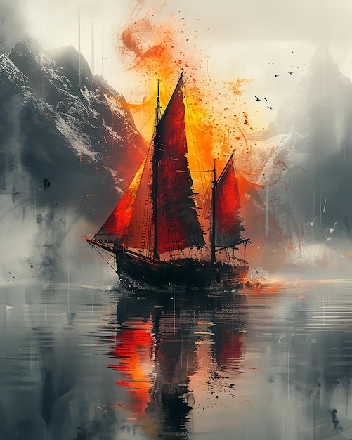 Vetor navio viking na água viajando pintura de estilo antigo