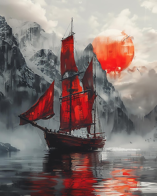 Vetor navio viking na água viajando pintura de estilo antigo