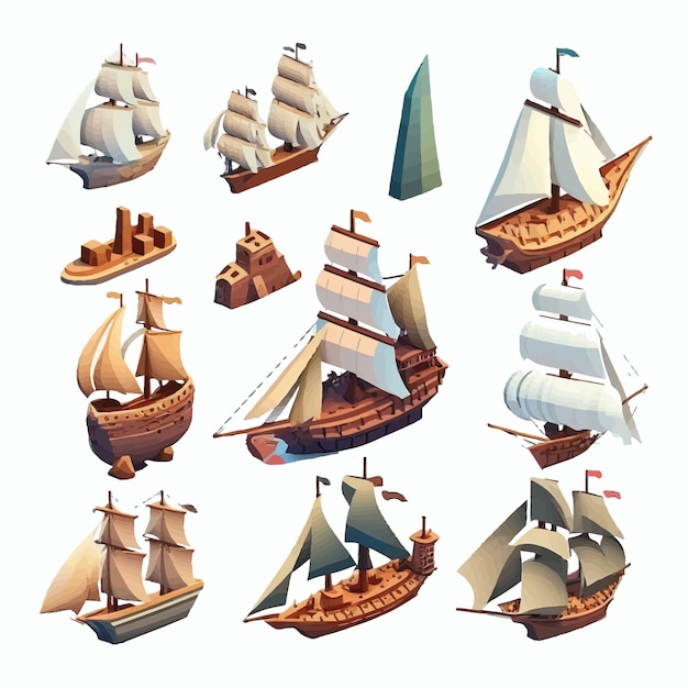 Vetor navios de madeira barcos de madeira isolados com velas brancas isoladas no fundo ilustração vetorial dos desenhos animados