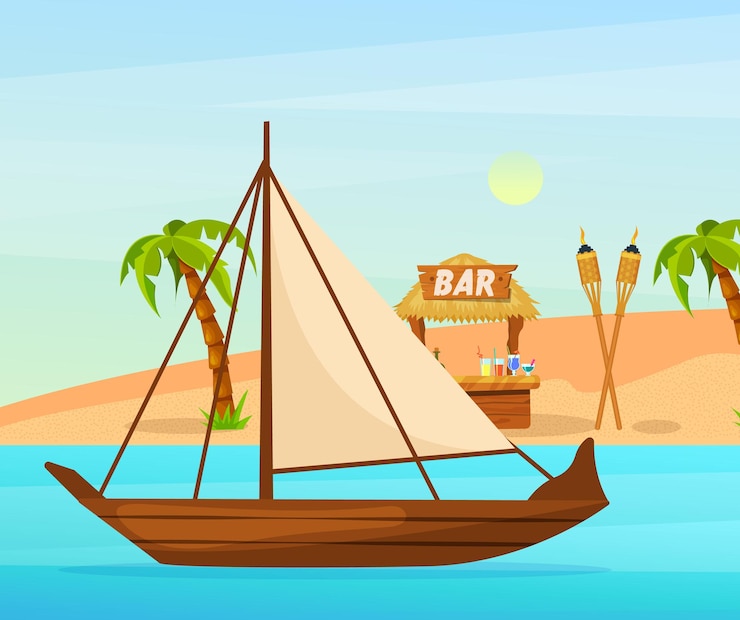 Vetor navios marítimos no mar bote com velas sobre o bar tiki com tabuleta