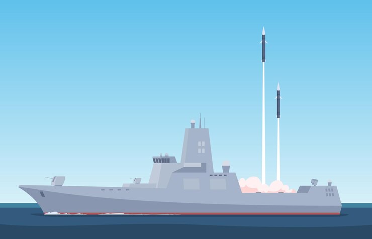 Vetor navios militares um porta-mísseis lança um míssil do mar forças de defesa marítima do mar ilustração vetorial