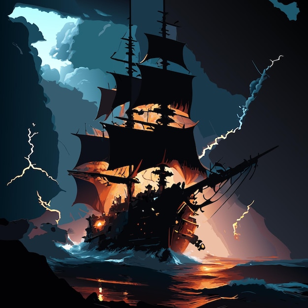 Navios piratas na água, canhões de tempestade com raios disparando