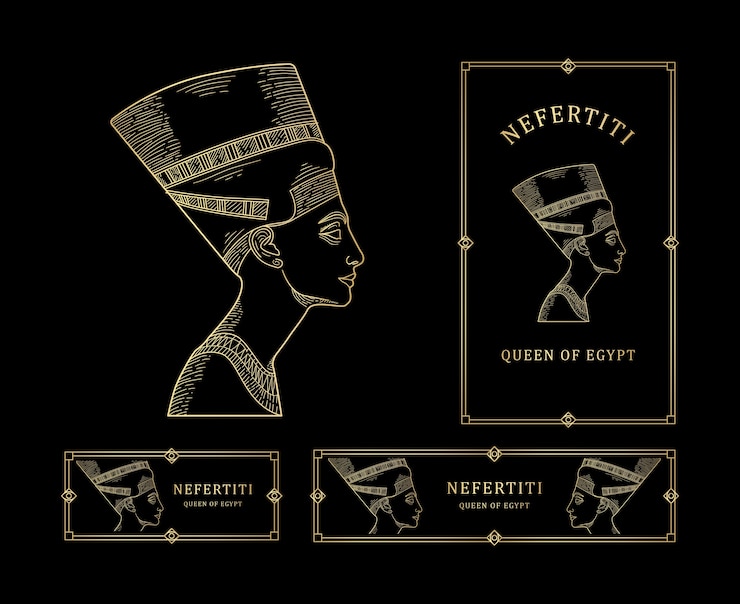 Vetor nefertiti rainha do egito line art gold com moldura dourada