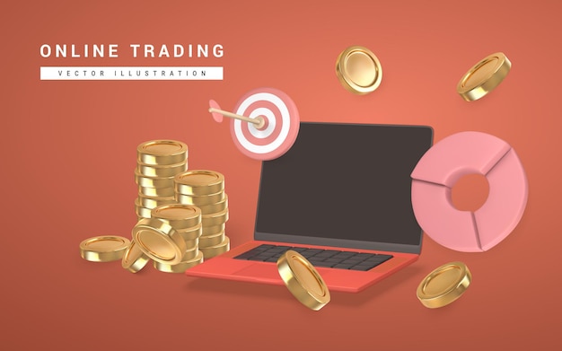 Negociação on-line de ações 3d com gráfico gráfico financeiro de estatísticas de laptop e moedas de ouro voadoras em ilustração vetorial de estilo cartoon