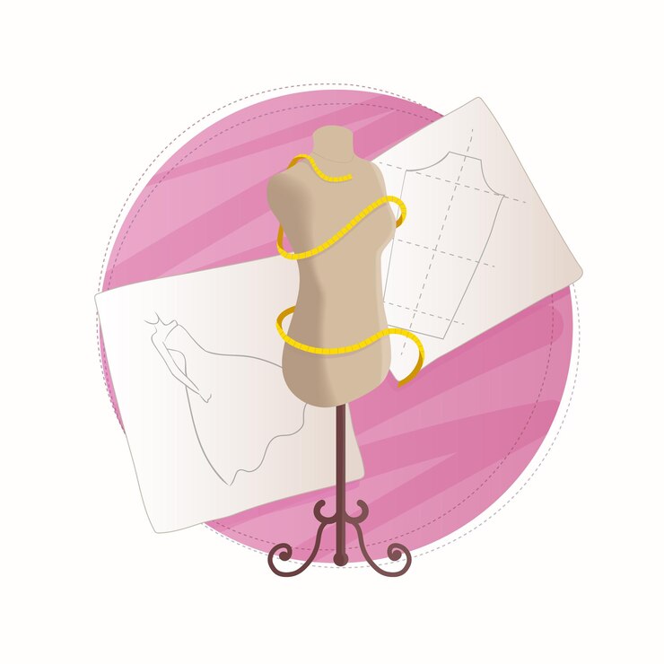 Vetor negócio de costura, atelier. conceito de designer de moda. esboço de moda e manequim. ilustração em vetor plana isolada no fundo branco