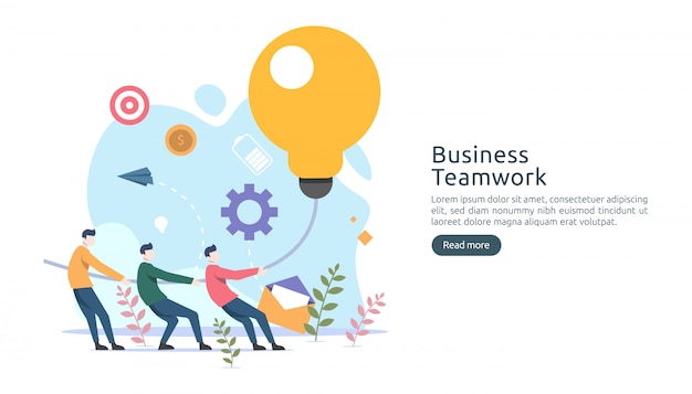 Negócio de trabalho em equipe de brainstorming Conceito de idéia com grande lâmpada de luz amarela, personagem de pessoas pequenas