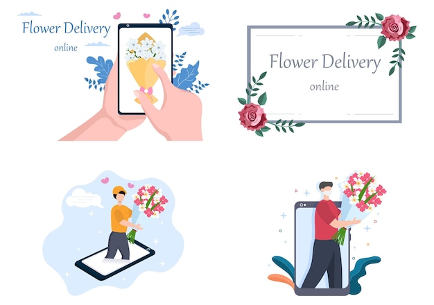 Negócio online de serviço de entrega de flores com correio segurando um buquê de pedido de flores usando caminhões, carros ou motocicletas. ilustração em vetor de fundo