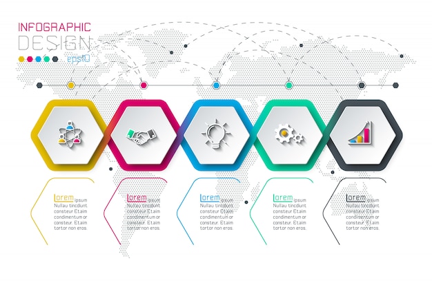 Negócios hexágono rótulos forma infográfico grupos bar.