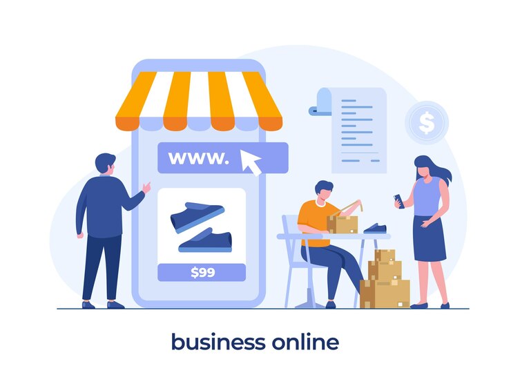 Vetor negócios on-line, conceito de comércio eletrônico, empresário, loja on-line, site, ilustração plana de fundo vector