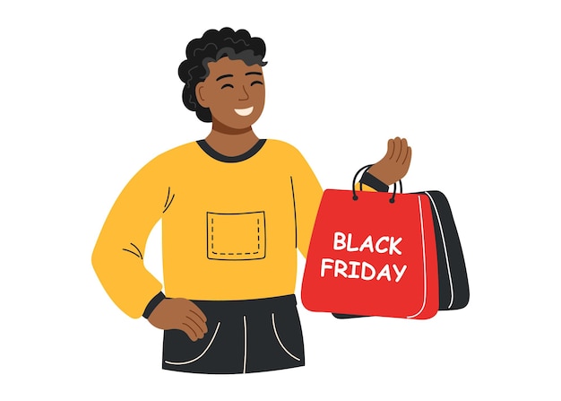 Negra sexta-feira venda e conceito de compras Homem com sacos de compras isolado em branco
