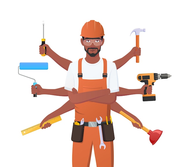Negro Handyman Caráter Segurando Múltiplas Ferramentas Eletricista Plumbista Carpinteiro Pintor Reparador