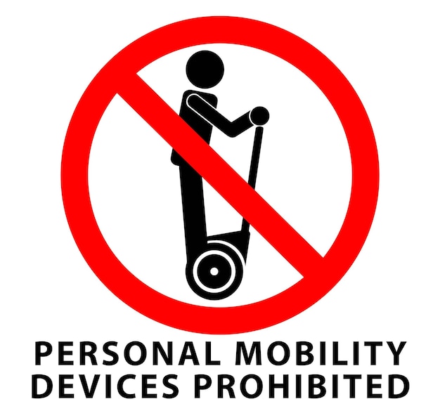 Nenhum dispositivo de mobilidade pessoal, sinal proibido. Homem montando o ícone do dispositivo de transporte auto-equilibrado no círculo cruzado vermelho.