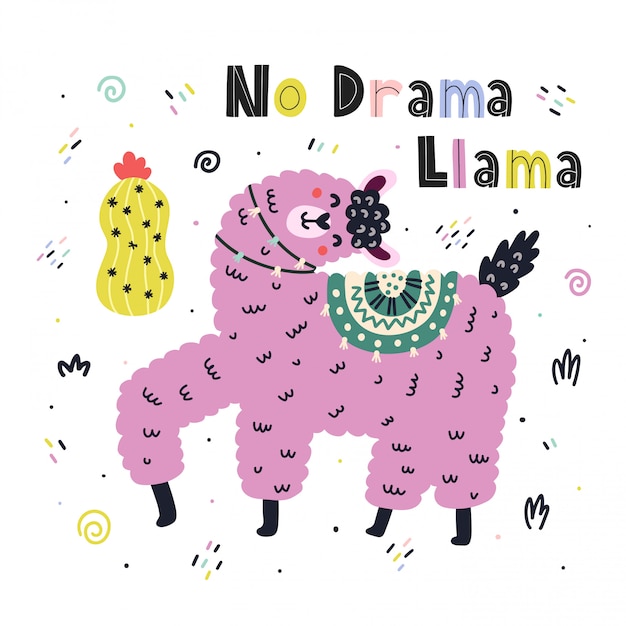 Nenhuma impressão engraçada de Drama Llama com letras de mão desenhada, com uma alpaca bonita e citações em estilo escandinavo.
