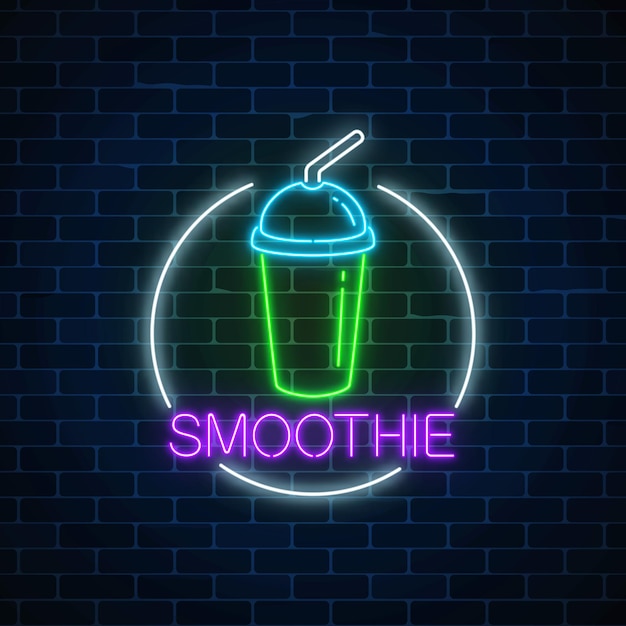 Vetor neon brilhante sinal de smoothie no quadro de círculo em um fundo de parede de tijolo escuro. símbolo de outdoor de luz de fastfood. item de menu do café. ilustração vetorial.