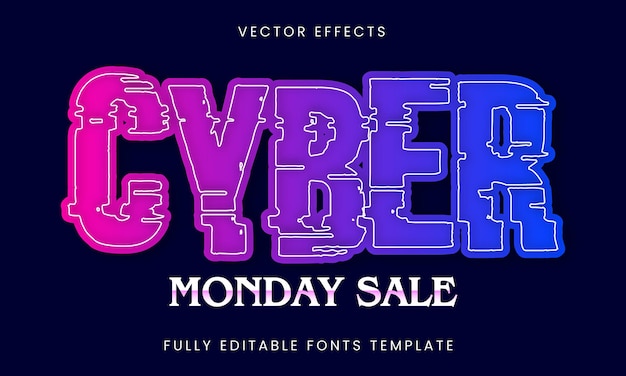 Neon cyber segunda-feira venda efeitos de texto de vetor gradiente totalmente editáveis