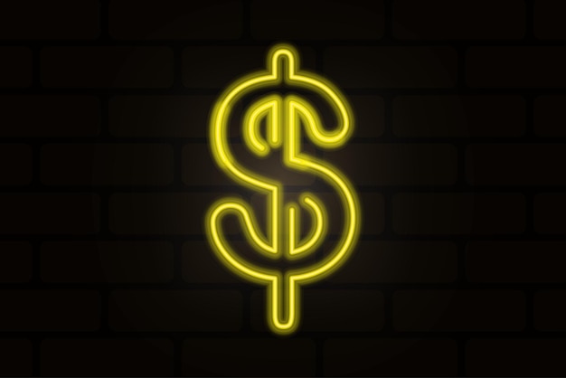 Neon de dólar amarelo americano. Investimento financeiro. Mercado on-line. Ilustração vetorial. imagem de estoque.