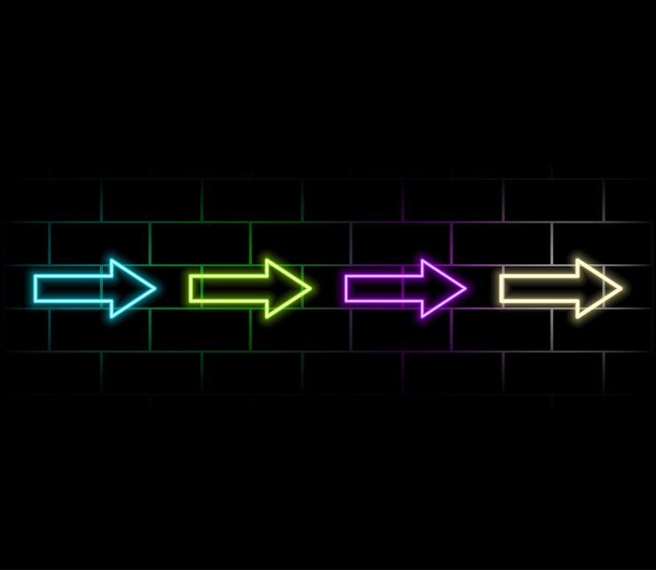 Vetor neon flechas multicoloridas apontadores com um brilho na ponta diferentes formas e direções de baixo