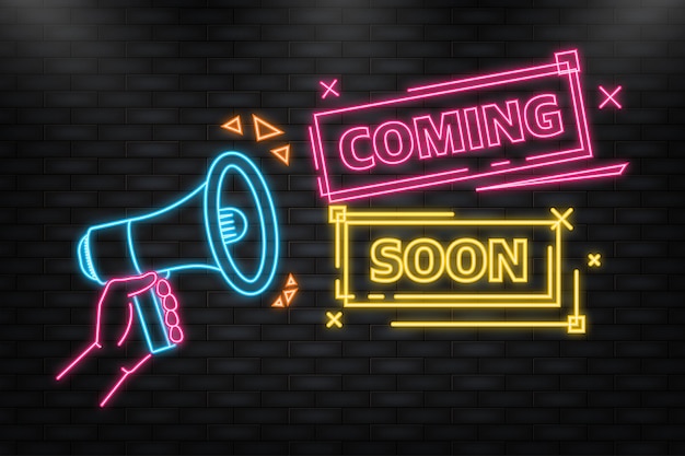 Neon icon em breve megafone amarelo banner em estilo 3d em fundo branco ilustração vetorial