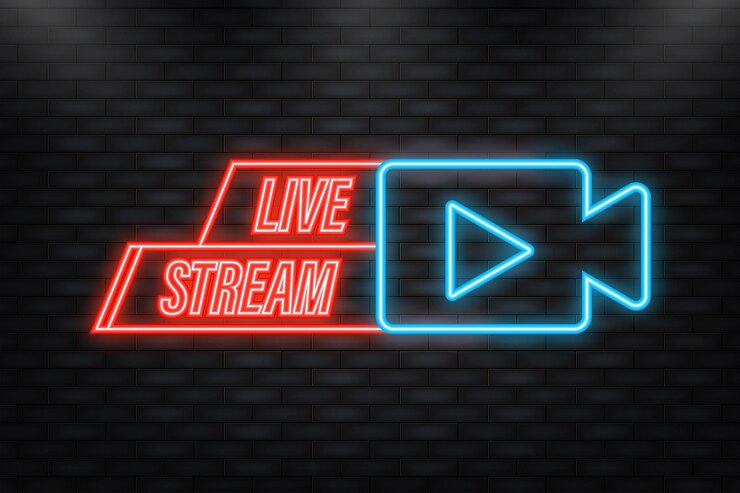 Vetor neon icon live streaming logo elemento de design de vetor vermelho com botão de reprodução para notícias e tv