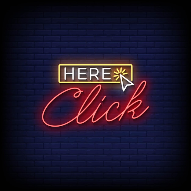 Neon sign clique aqui com o vetor de fundo da parede de tijolos