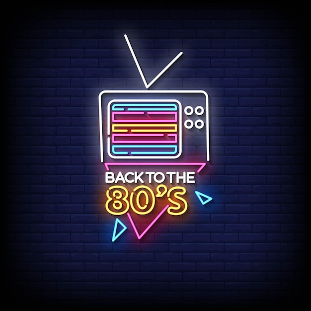 Vetor neon sign de volta aos anos 80 com vetor de fundo de parede de tijolos