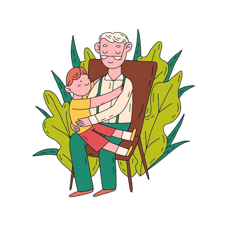 Vetor neto feliz conhecendo e abraçando o avô cena familiar fofa ilustração plana desenhada à mão