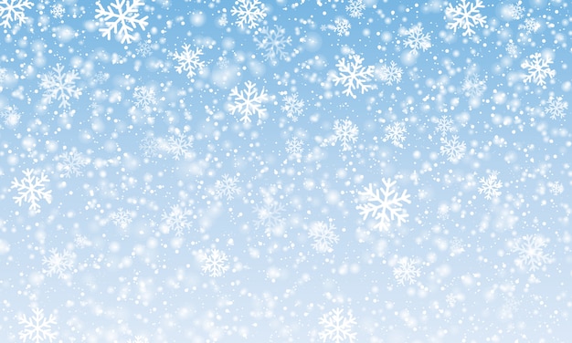 Neve caíndo. Céu azul de inverno. Textura de Natal. Fundo de neve cintilante.