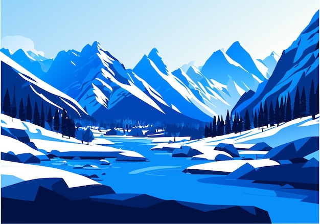 Vetor neve montanha rio floresta céu azul papel de parede ilustração fundo