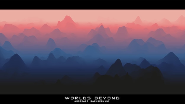 Nevoeiro sobre montanhas. panorama da paisagem vetorial. terreno erodido gradiente violeta abstrato. mundos além.