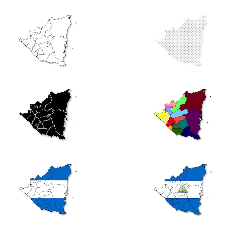 Vetor nicarágua linha pontilhada preta colorido e país colorido mapa vetor